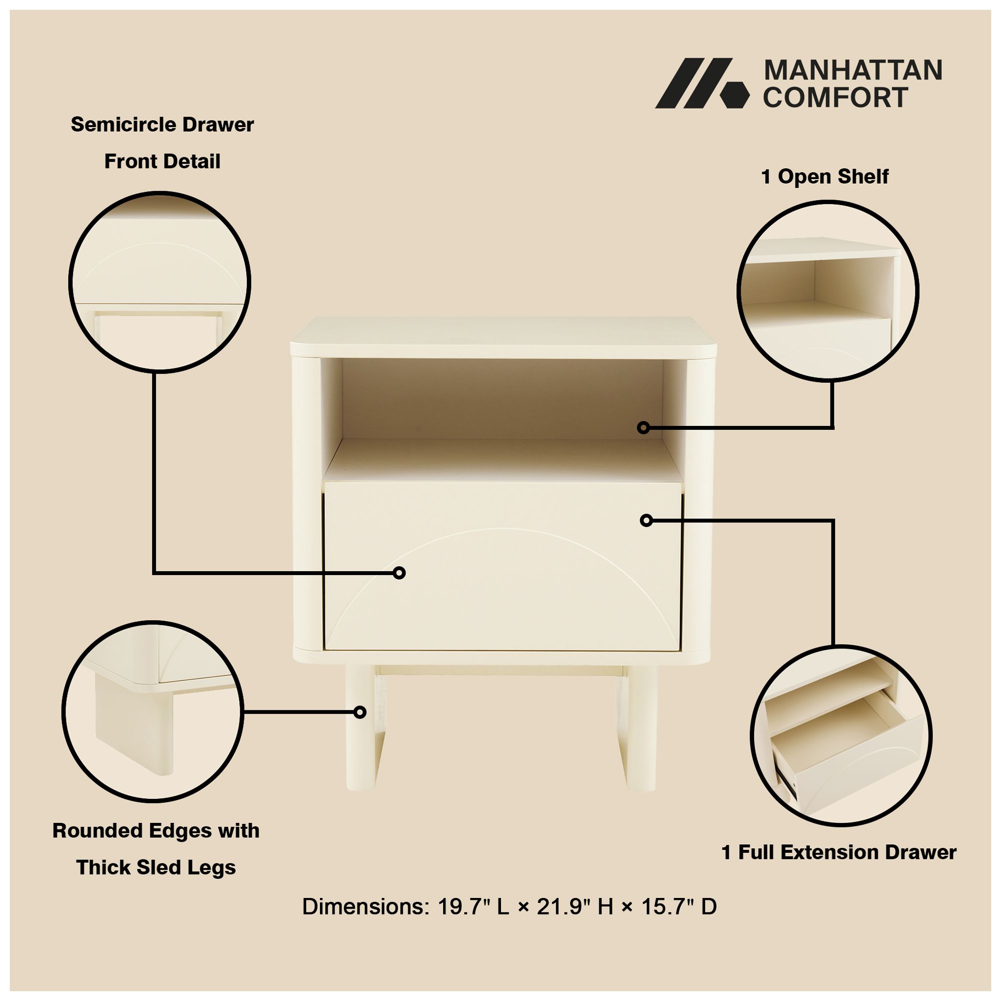 Image 4 Modern Ella Nightstand with 1 Full Extension Drawer in Cream- Set of 2 more views