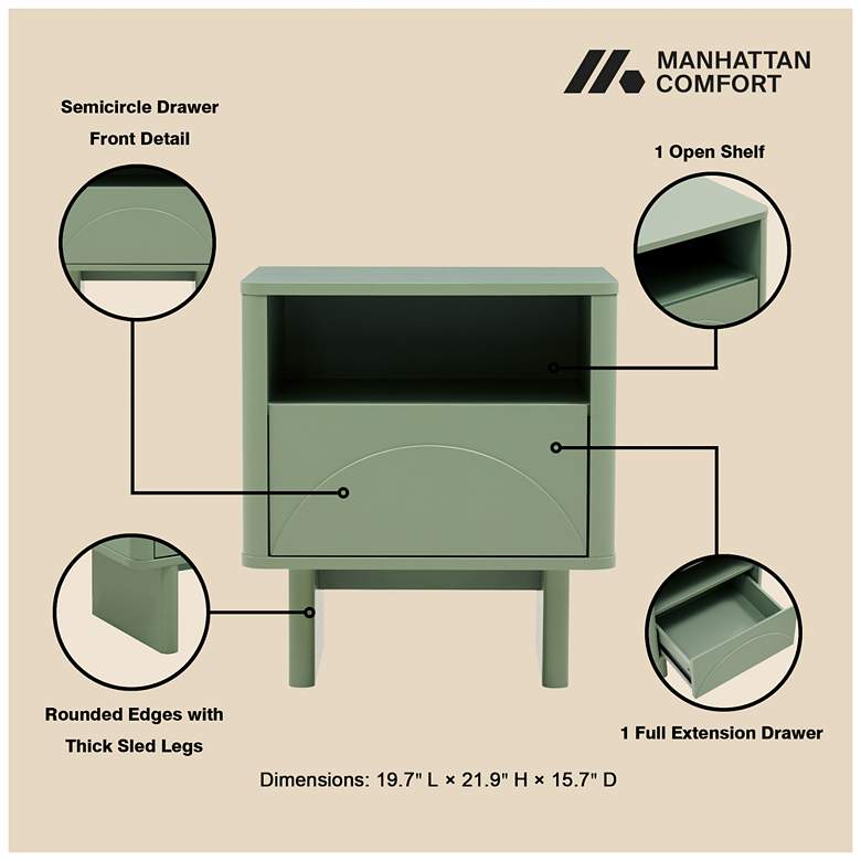 Image 4 Modern Ella Nightstand with 1 Full Extension Drawer in Sage Green more views