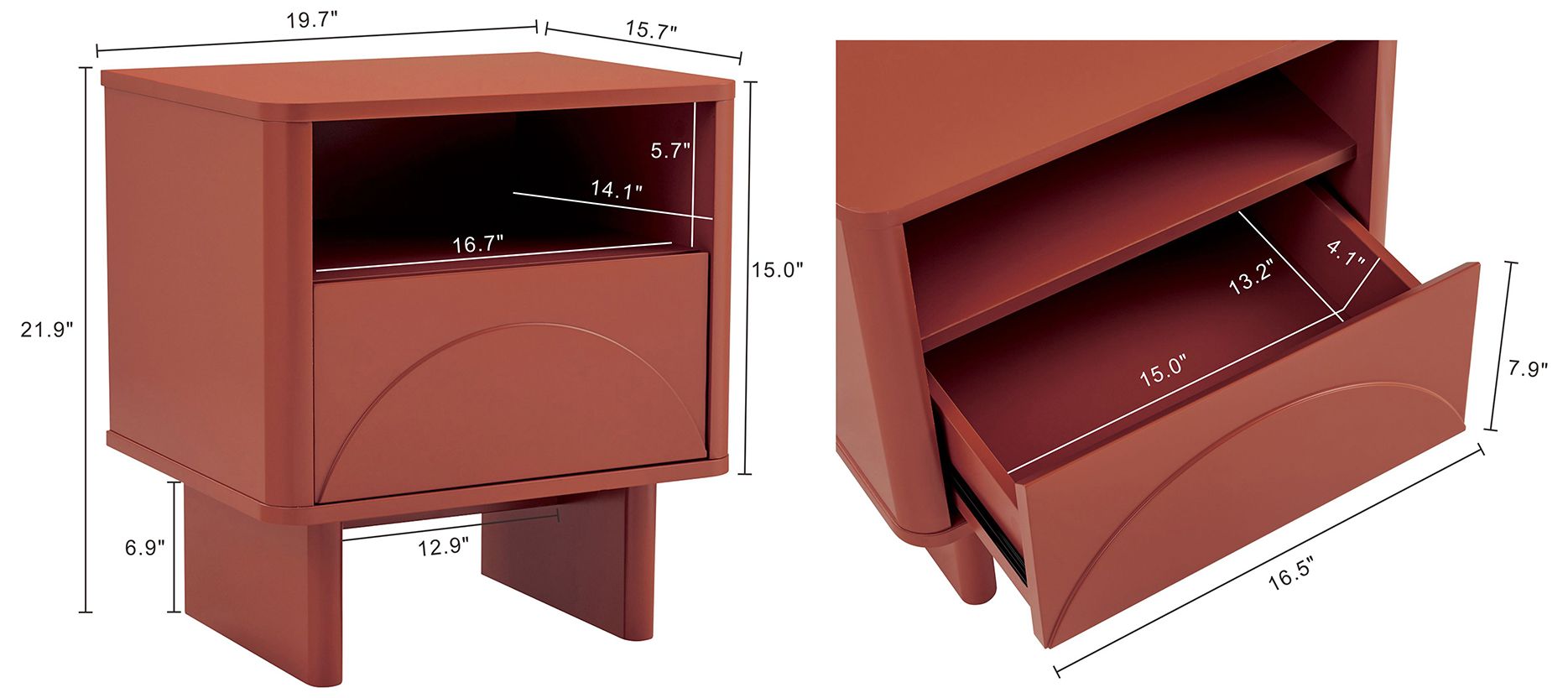 Thumbnail3 of Modern Ella Nightstand with 1 Full Extension Drawer in Terracotta more views