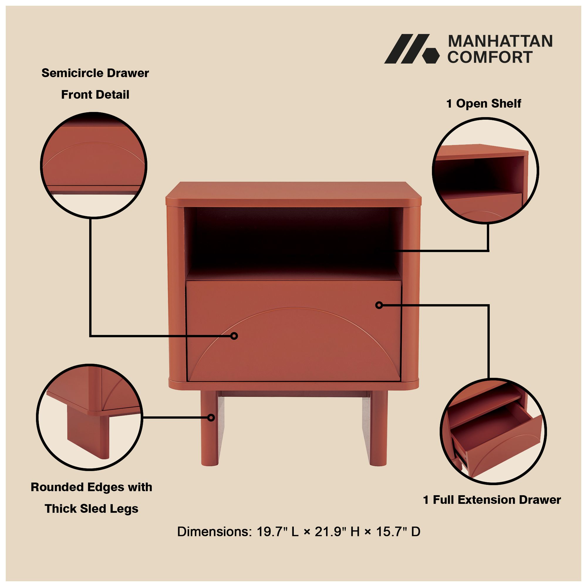 Thumbnail4 of Modern Ella Nightstand with 1 Full Extension Drawer in Terracotta more views
