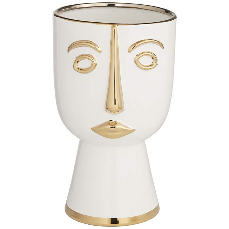 Image 1 Modern Face 12 1/4" High Gold and White Ceramic Vase