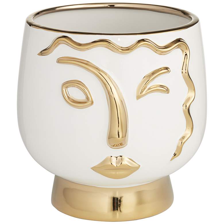 Modern Face Wink 8 inch High Gold and White Ceramic Vase