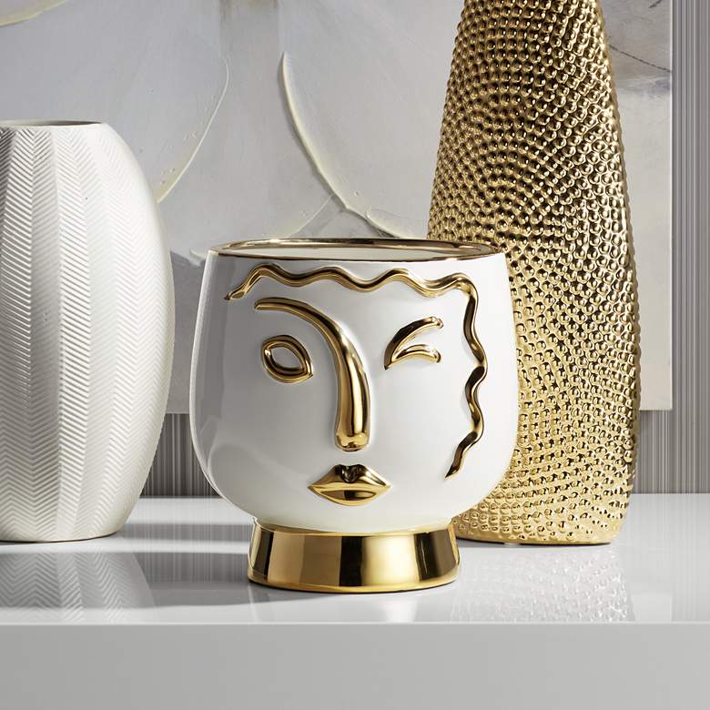 Modern Face Wink 8&quot; High Gold and White Ceramic Vase