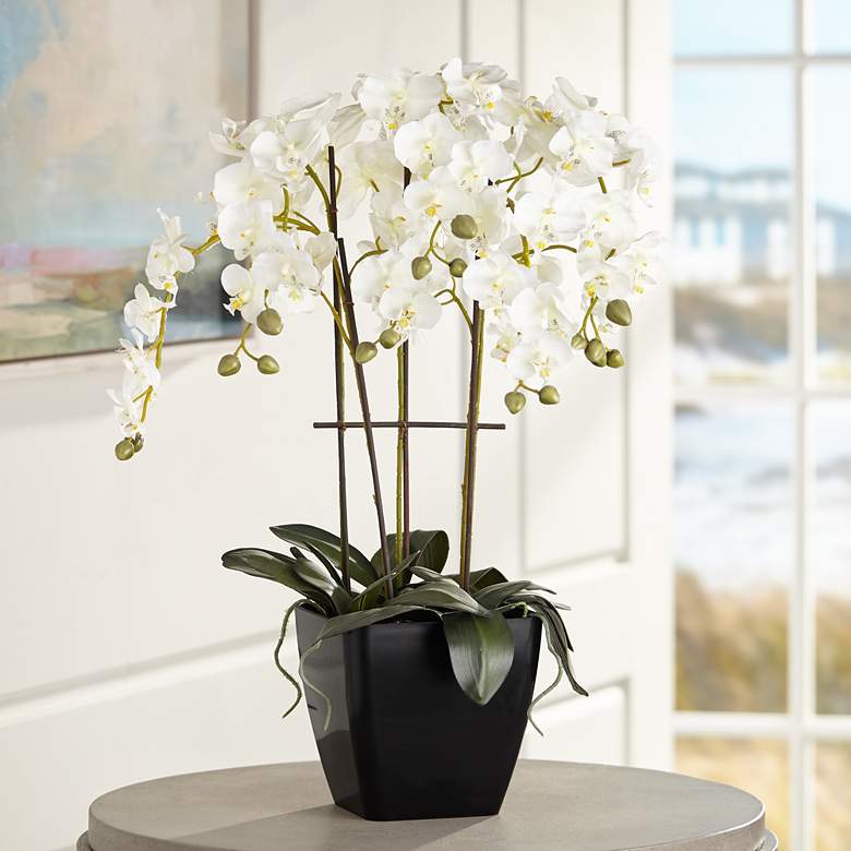 Image 1 Modern Large White Faux Orchid in Black Pot