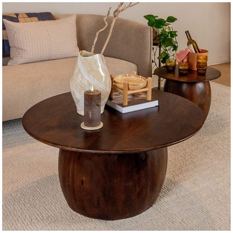 Image 2 Modern Mango Wood Round Accent Table, Dark Walnut more views