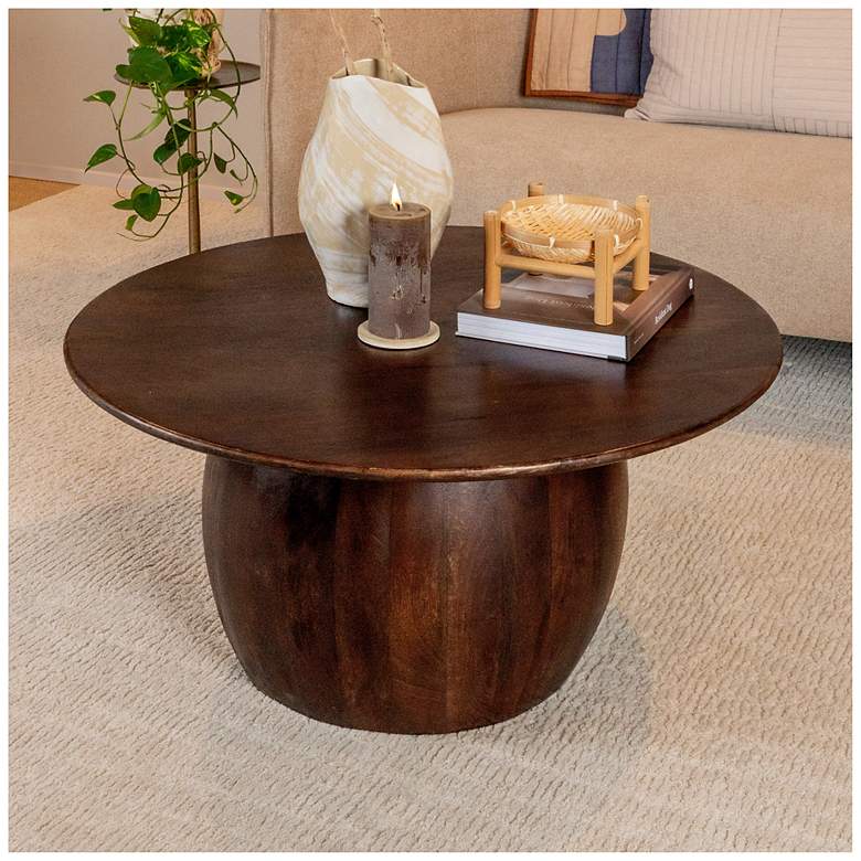 Image 4 Modern Mango Wood Round Accent Table, Dark Walnut more views