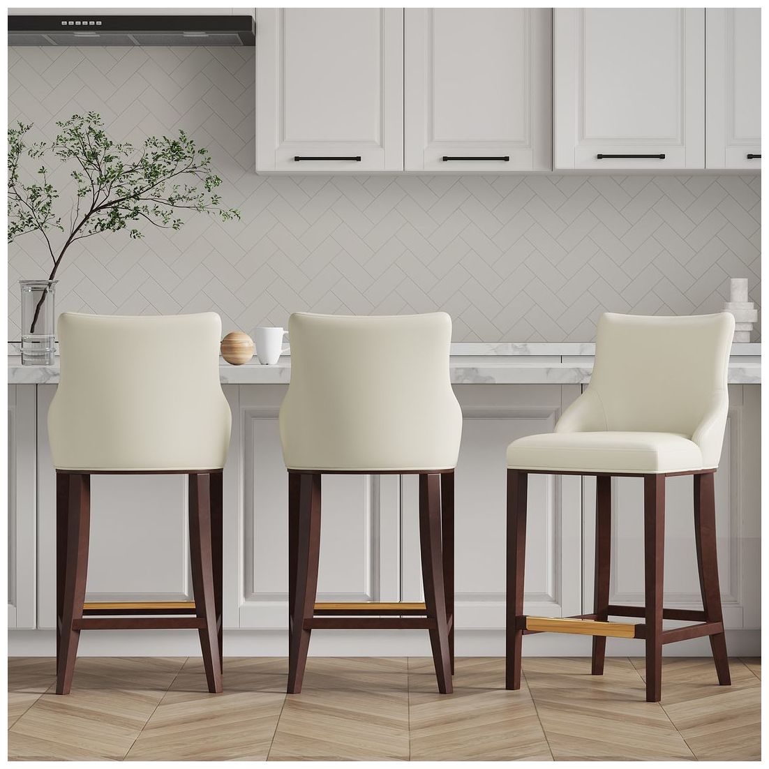 Image 2 Modern Shubert Barstool Upholstered in Ivory Leatherette - Set of 3 more views