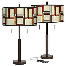 Image1 of Modern Squares Robbie Bronze USB Table Lamps Set of 2