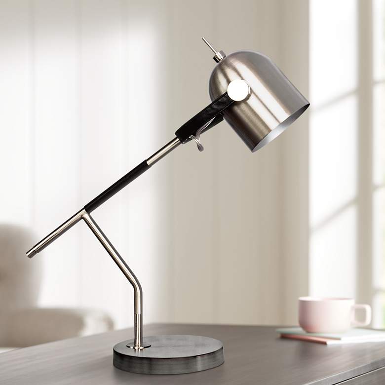 Image 1 Modern Tilt 20 1/2 inch High Black Leather Brushed Steel Desk Lamp