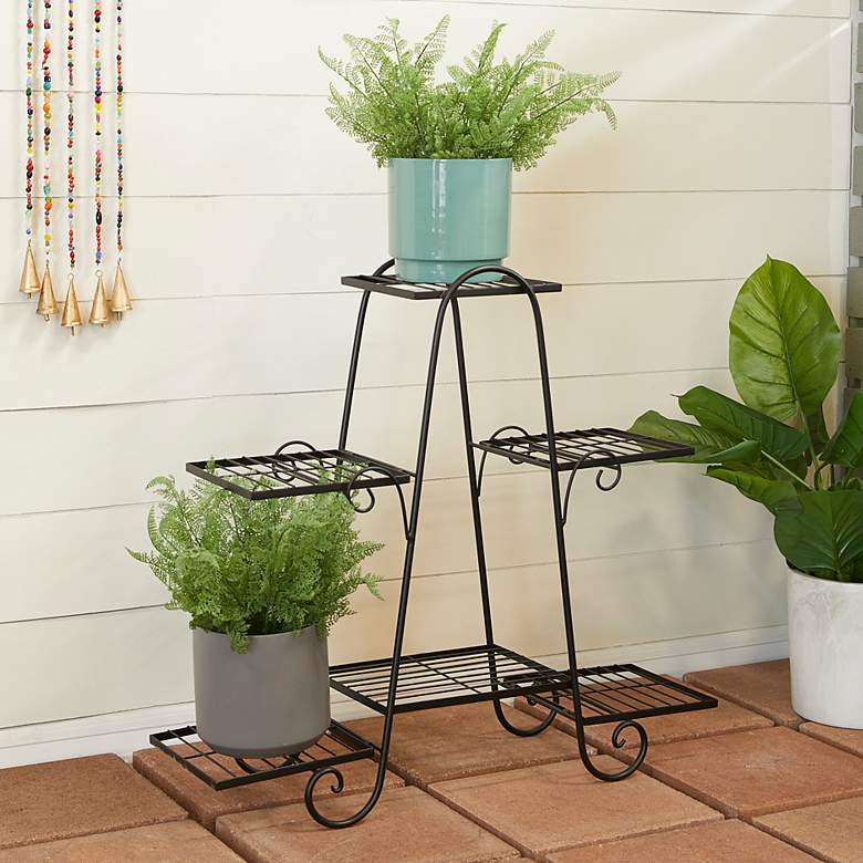 Image 1 Mona 31 inch Wide Polished Black Metal Scroll 3-Tier Plant Stand