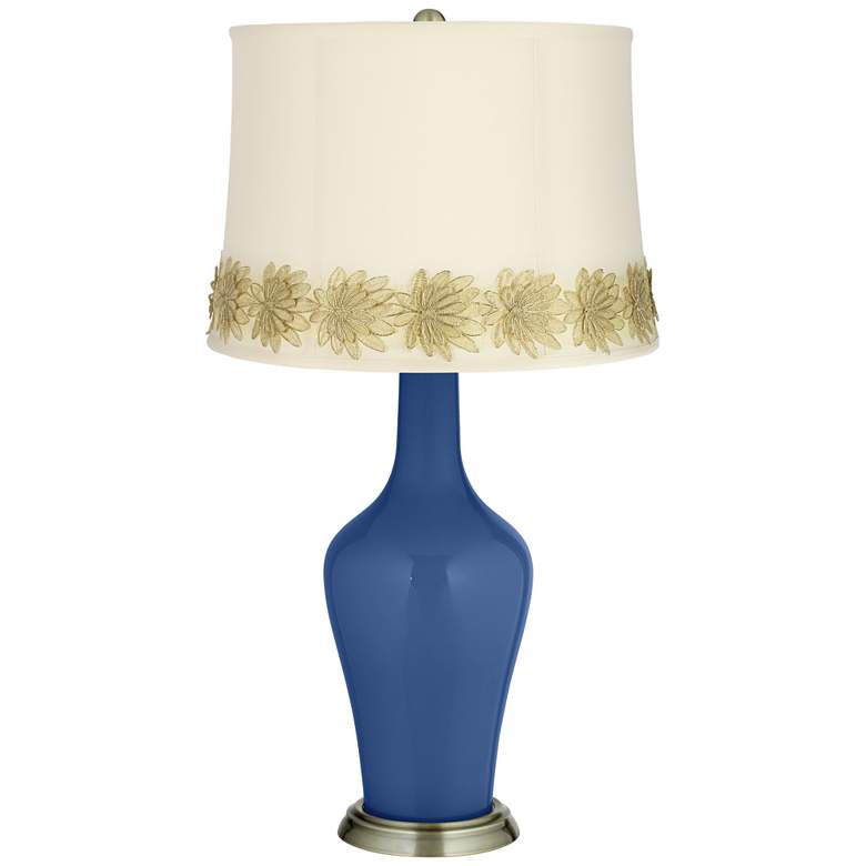 Image 1 Monaco Blue Anya Table Lamp with Flower Applique Trim