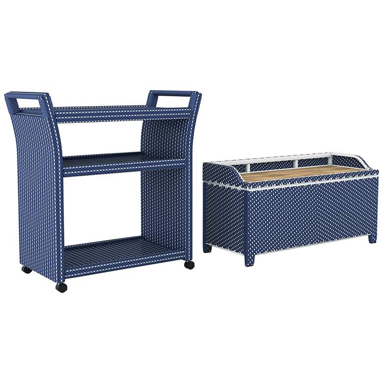 Image 2 Monetta Blue White 2-Piece Storage Bench Serving Cart Set