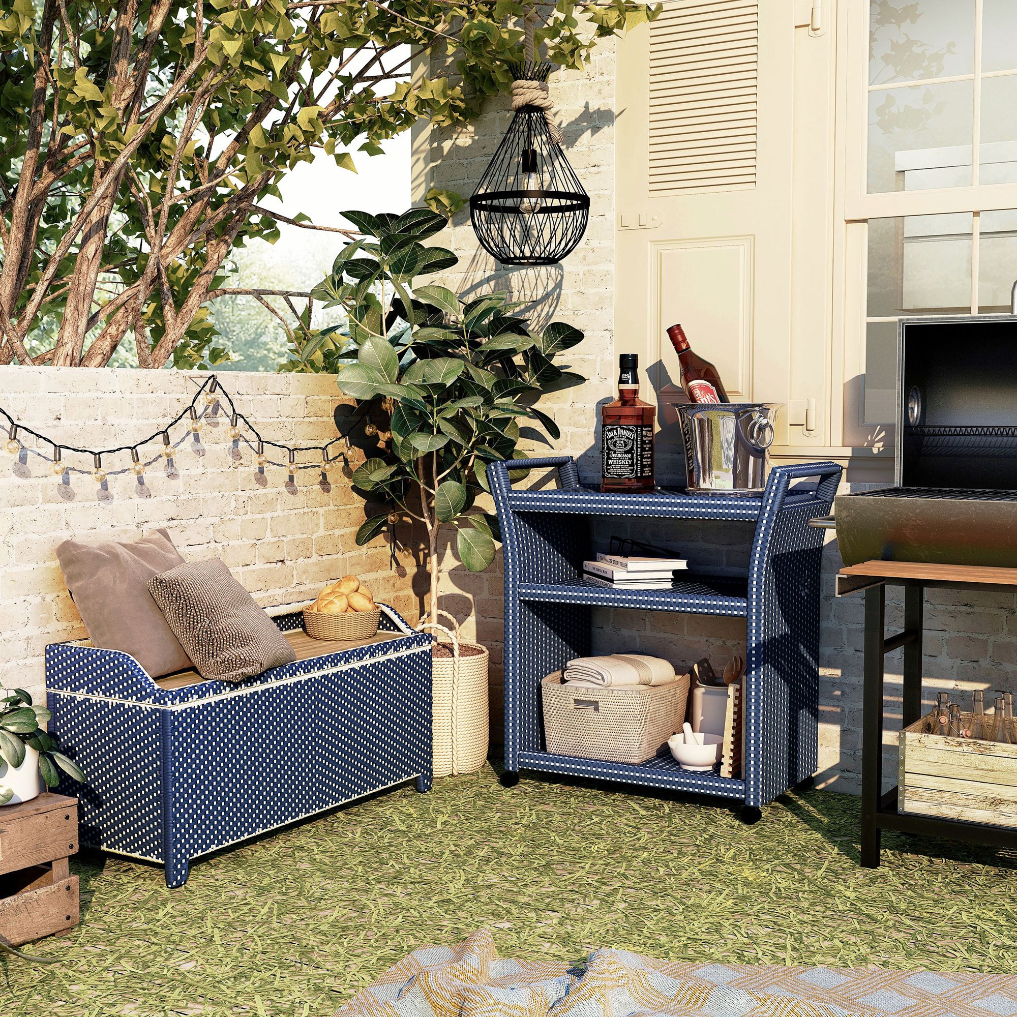 Monetta Blue White 2-Piece Storage Bench Serving Cart Set