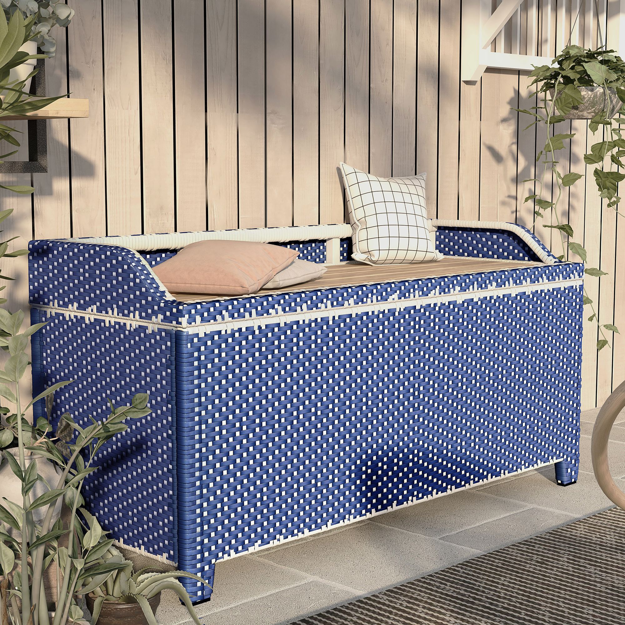 Monetta Blue White 2-Piece Storage Bench Serving Cart Set