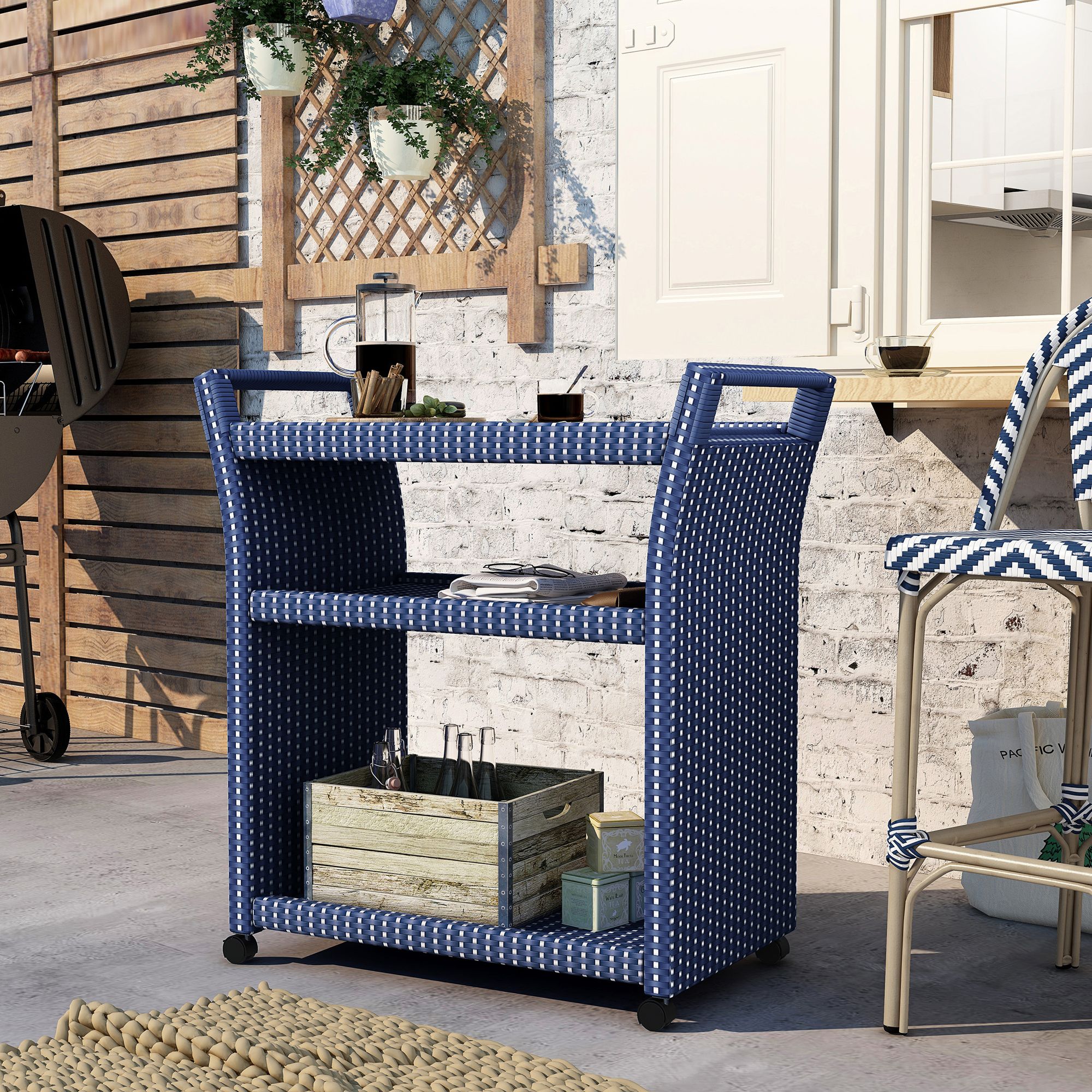Monetta Blue White 2-Piece Storage Bench Serving Cart Set