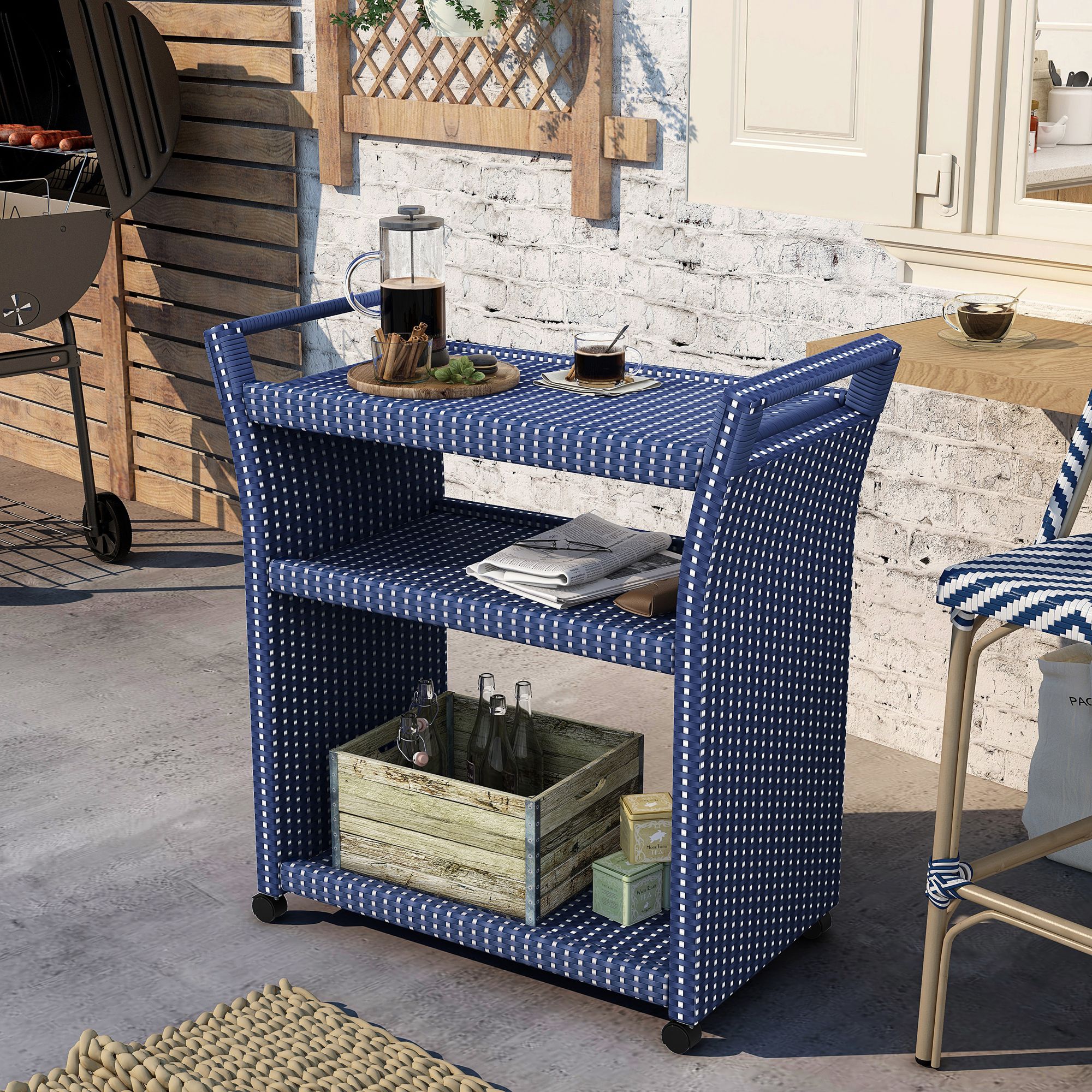 Monetta Blue White 2-Piece Storage Bench Serving Cart Set