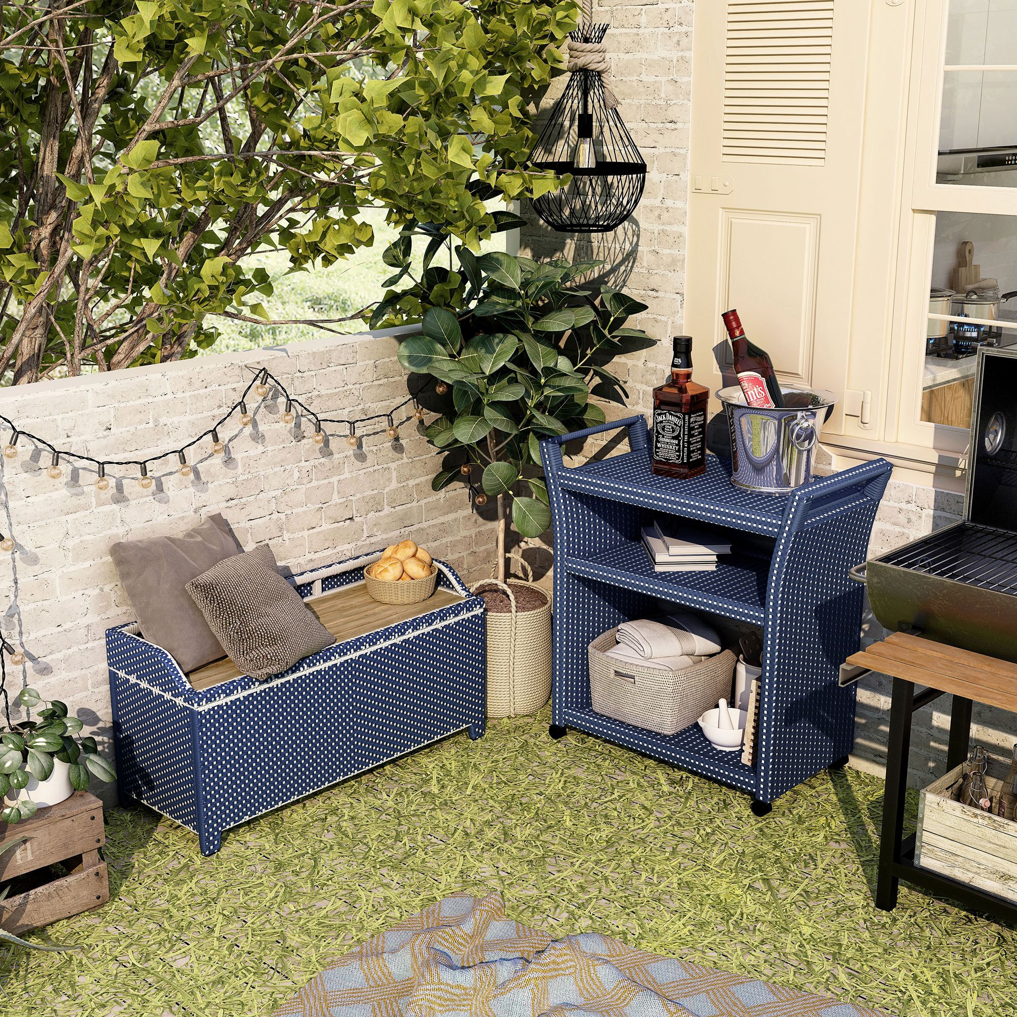 Monetta Blue White 2-Piece Storage Bench Serving Cart Set