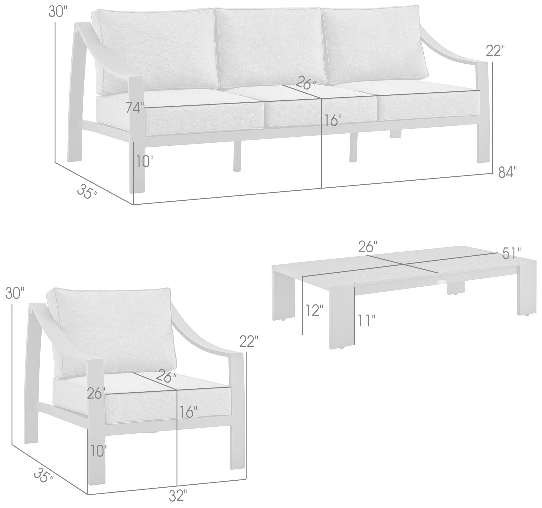 Mongo 4 Piece Outdoor Furniture Set in Black Aluminum with Grey Cushions