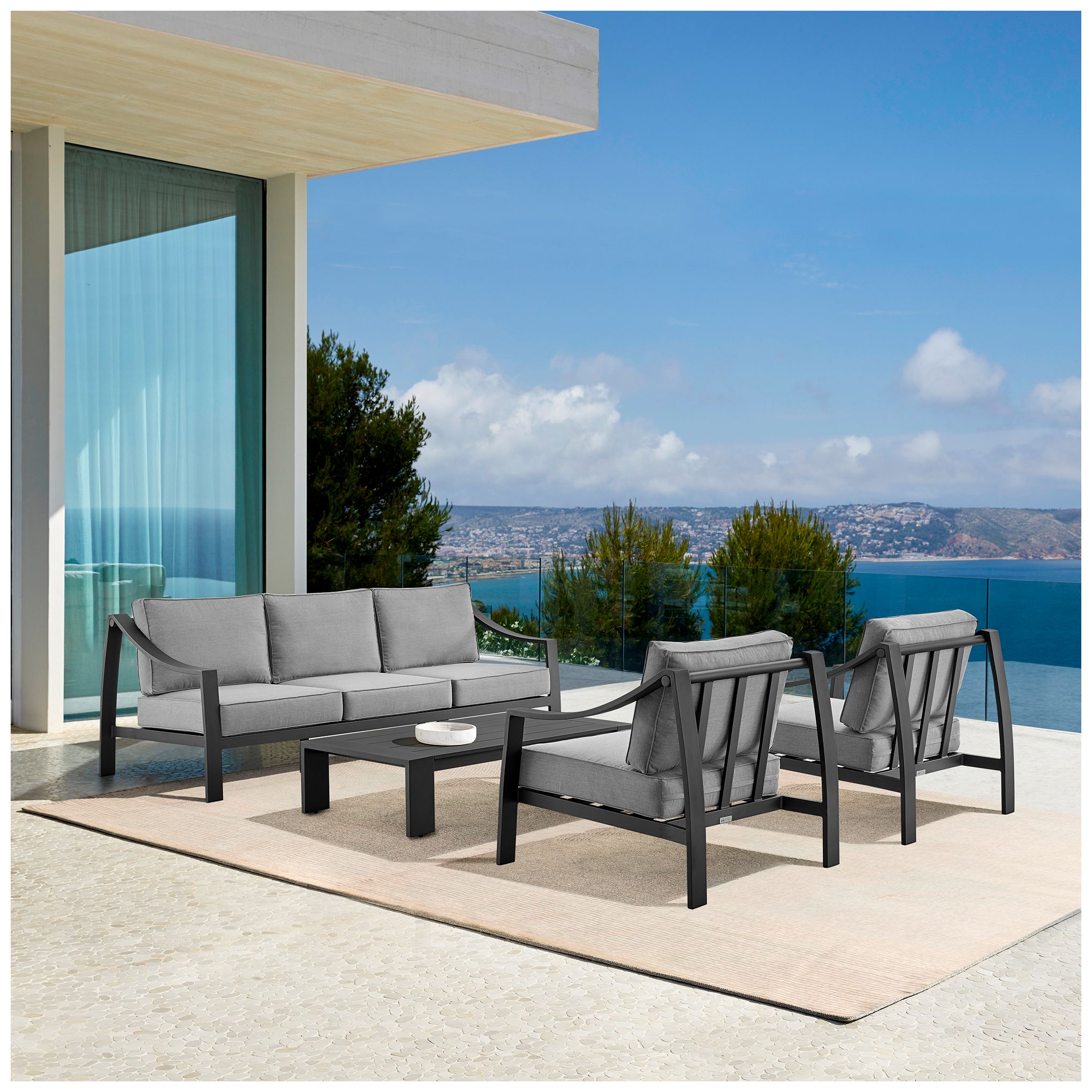 Mongo 4 Piece Outdoor Furniture Set in Black Aluminum with Grey Cushions