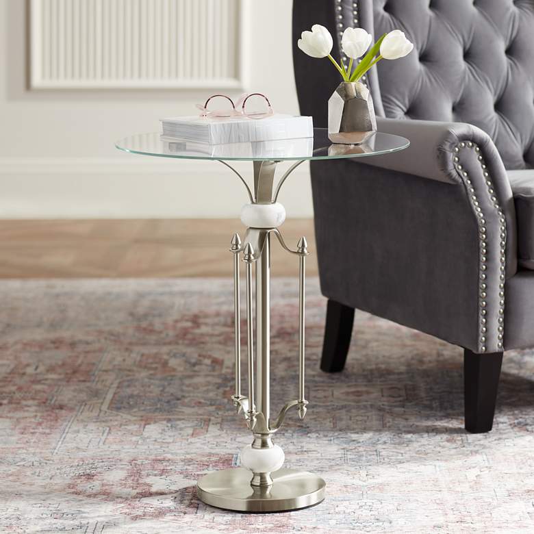 Monique 20&quot; W Marble and Brushed Nickle Metal Table with Glass Tray