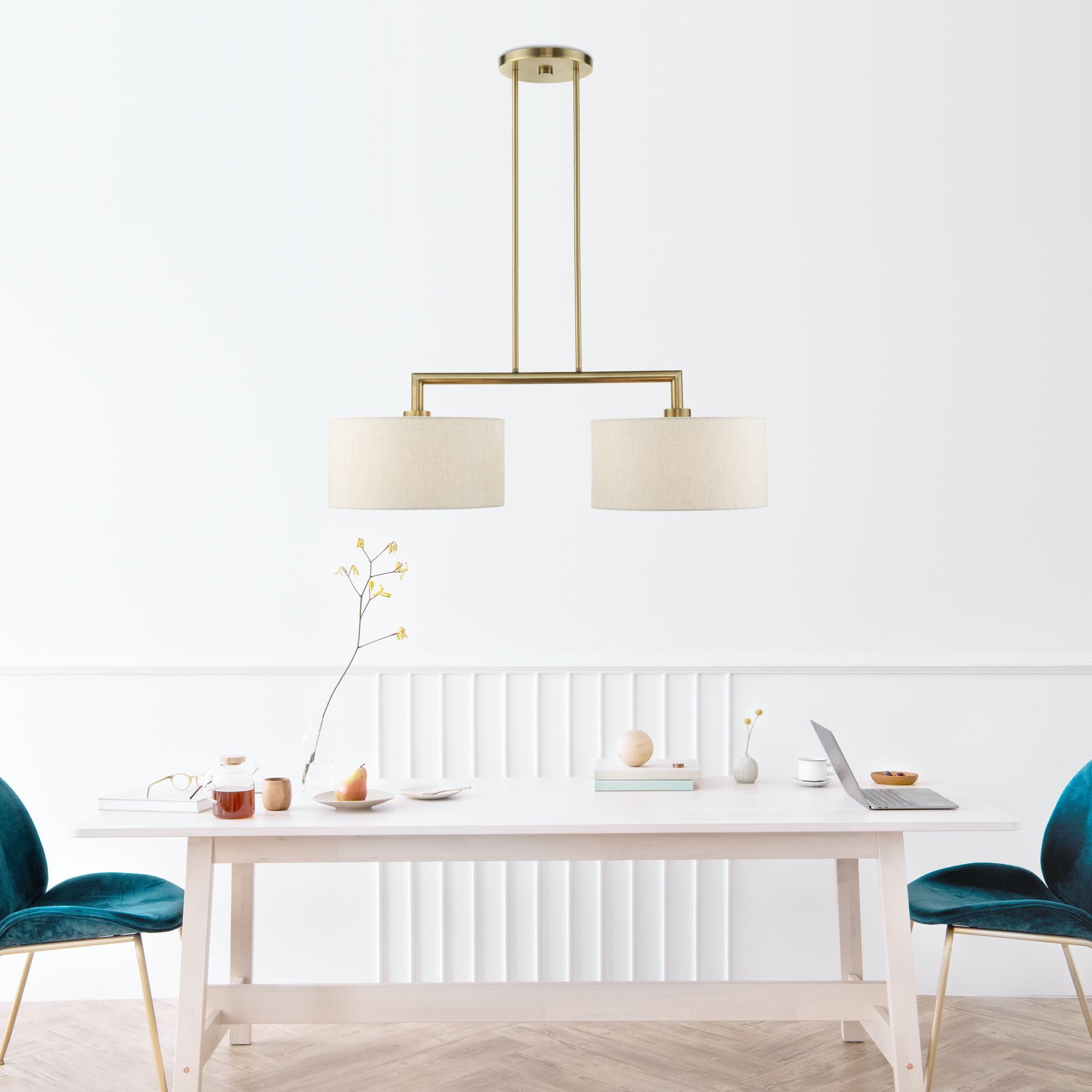 Monroe 35"W Antique Brass 2-Light Chandelier w/ Drum Shades