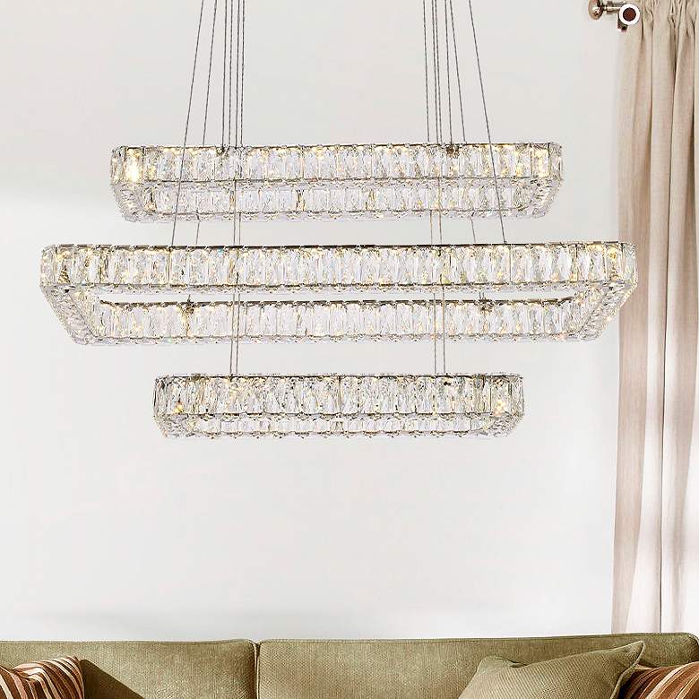 Image 1 Monroe 42" Wide Chrome Crystal LED Rectangular Pendant Light