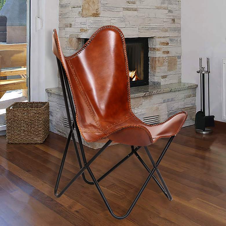 Image 1 Monroe Brown Leather and Black Iron Butterfly Chair