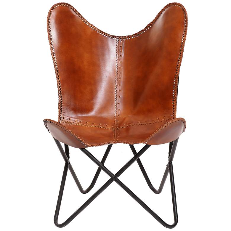 Image 6 Monroe Brown Leather and Black Iron Butterfly Chair more views