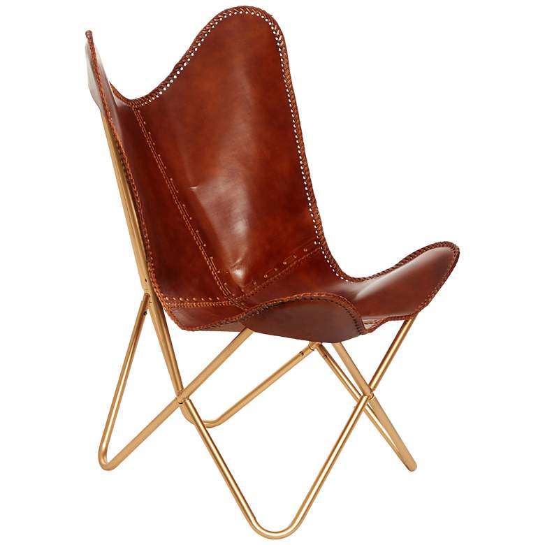 Image 1 Monroe Brown Leather and Gold Iron Butterfly Chair