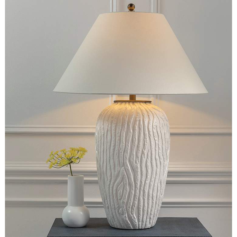 Image 1 Montana Matte White Glaze Textured Wood Porcelain Table Lamp