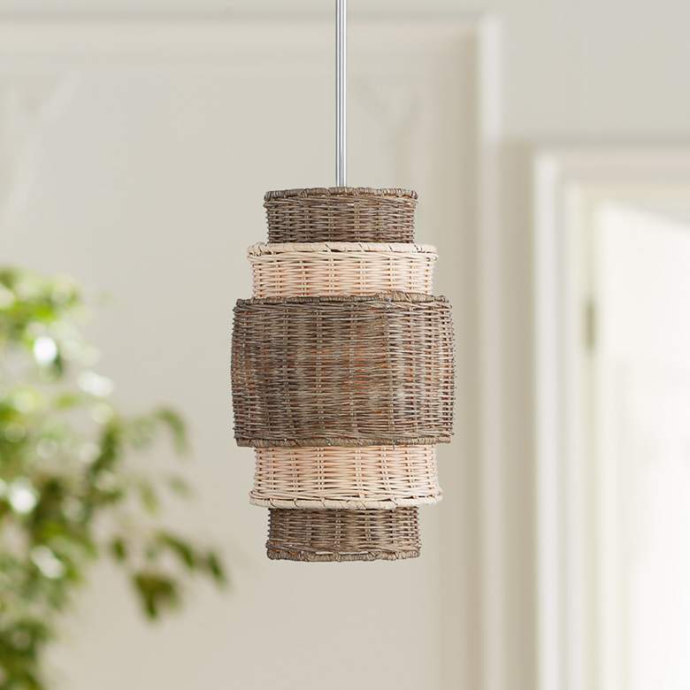 Image 1 Montauck Bay 10 inch Wide Nickel and Rattan Mini Pendant Light