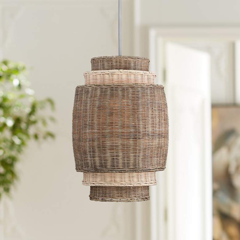 Image 1 Montauck Bay 14 inchW Nickel and Rattan 4-Light Pendant Light