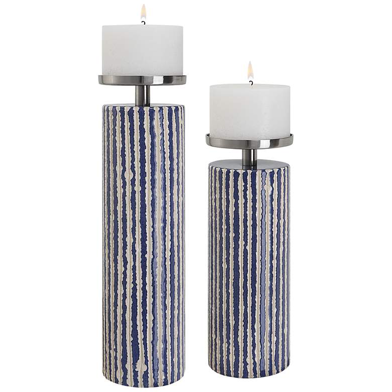 Image 1 Montauk Ivory Cobalt Ceramic Pillar Candle Holders Set of 2