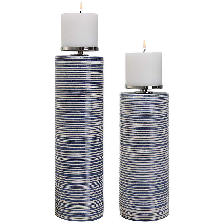 Image 1 Montauk White Indigo Ceramic Pillar Candle Holders Set of 2
