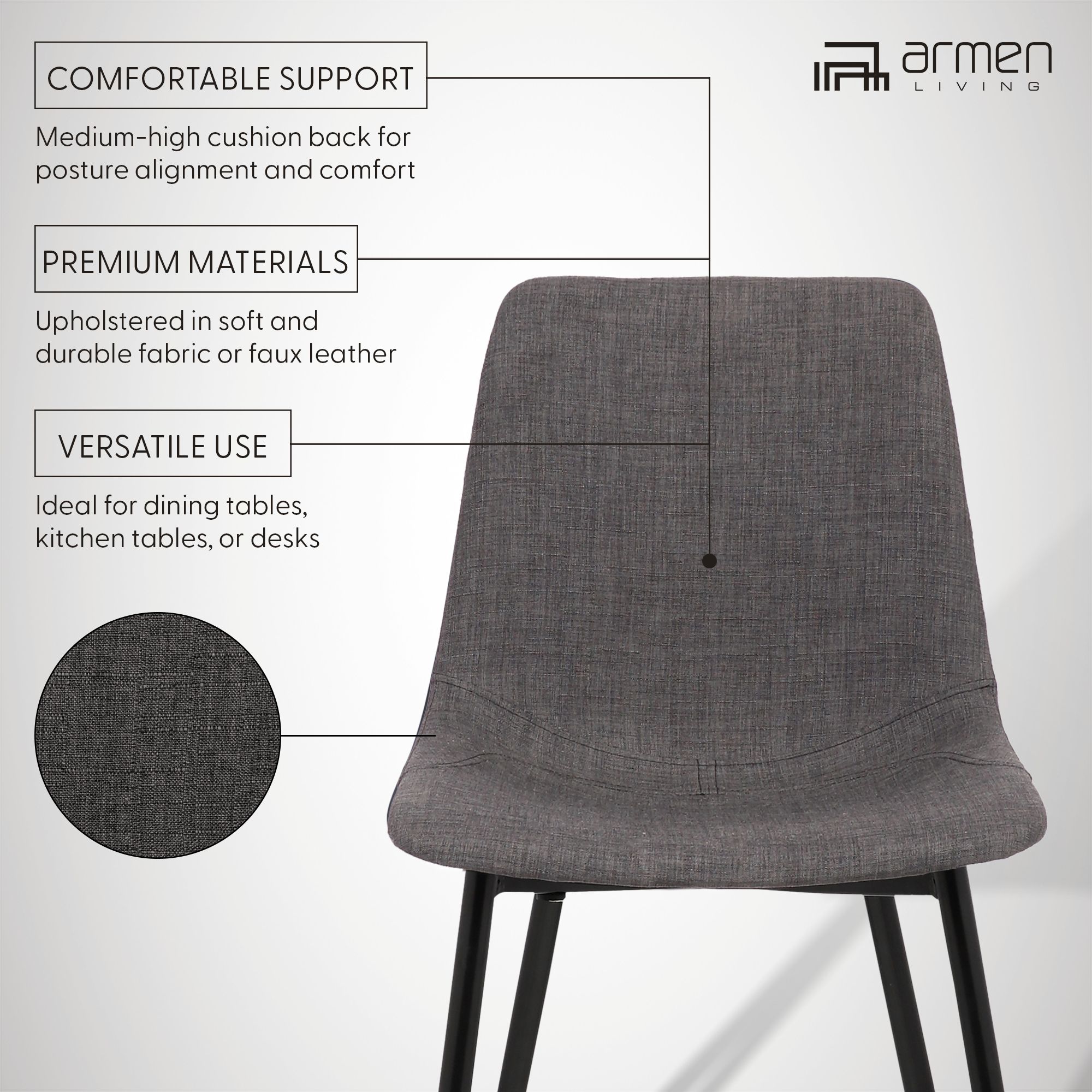 Monte Contemporary Dining Chair in Charcoal Fabric with Black Powder Coated