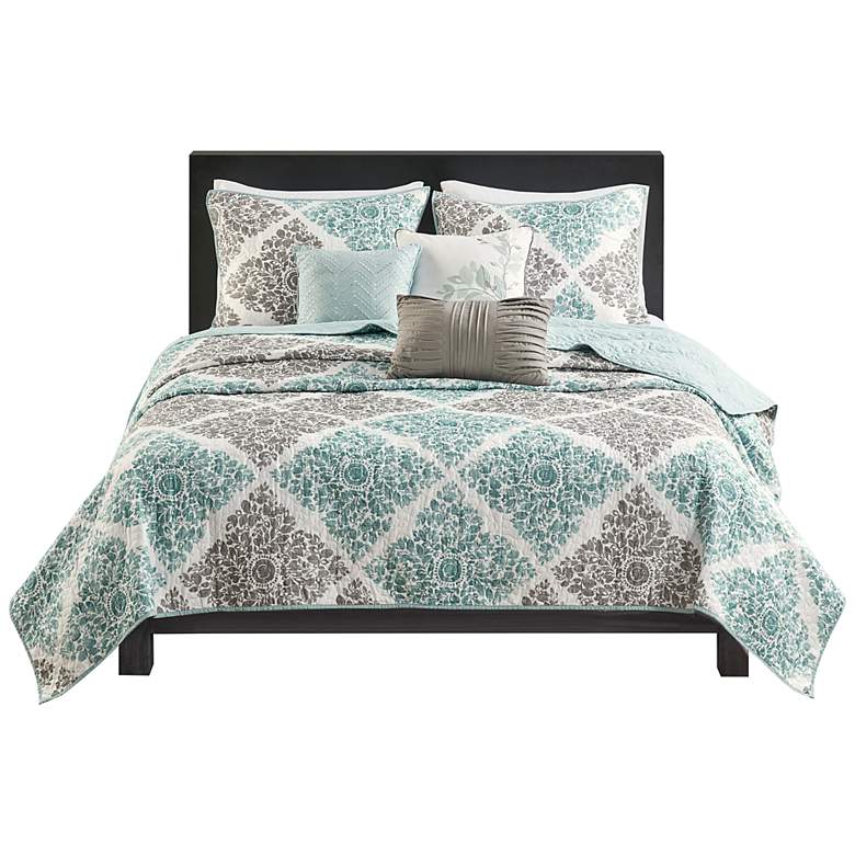 Image 2 Montecito Aqua Gray 6-Piece Full/Queen Coverlet Set