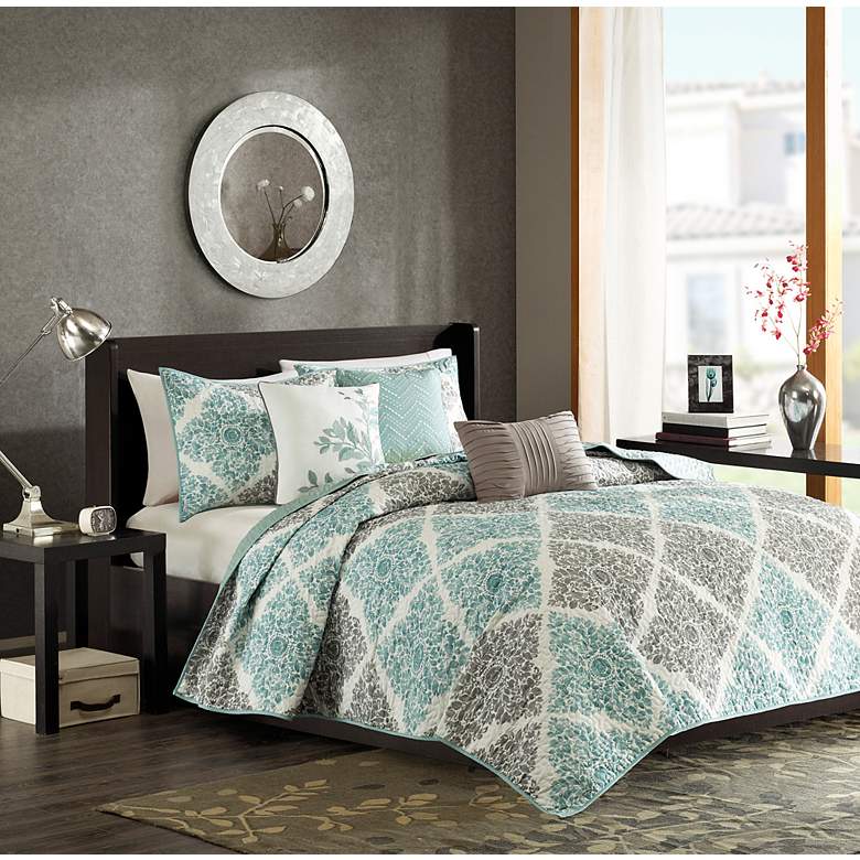 Image 1 Montecito Aqua Gray 6-Piece Full/Queen Coverlet Set