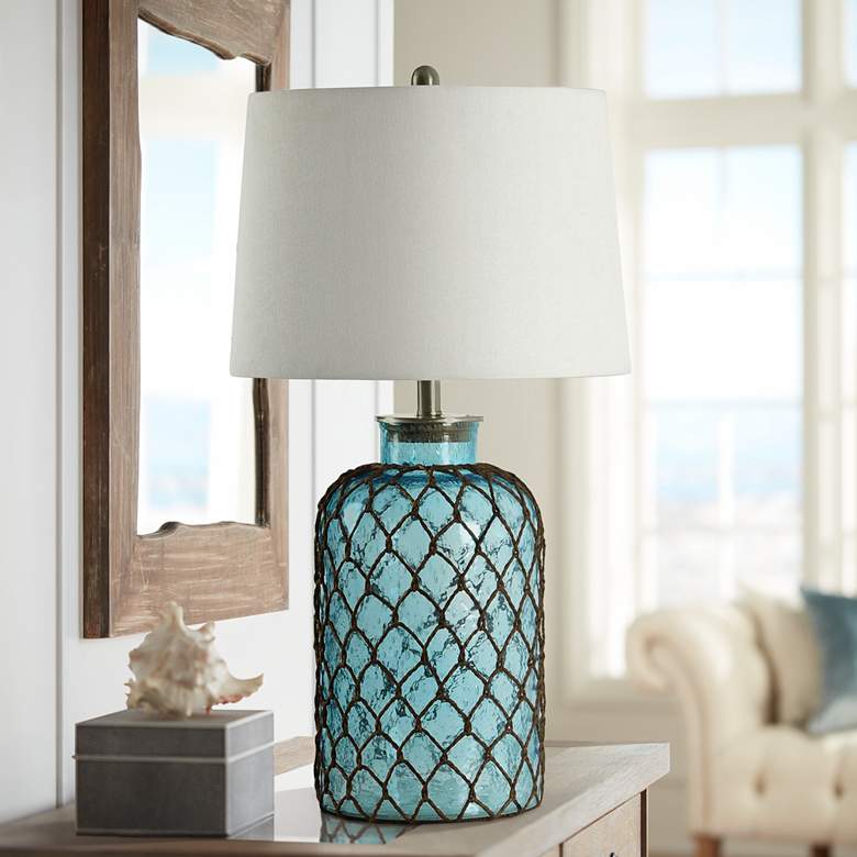 Image 1 Montego Bay 30 1/4 inch Blue Glass Table Lamp with Off-White Fabric Shade