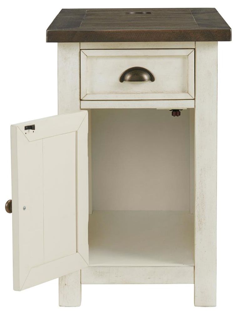 Monterey 16" Wide White and Brown Side Table with Plugs and USB Ports