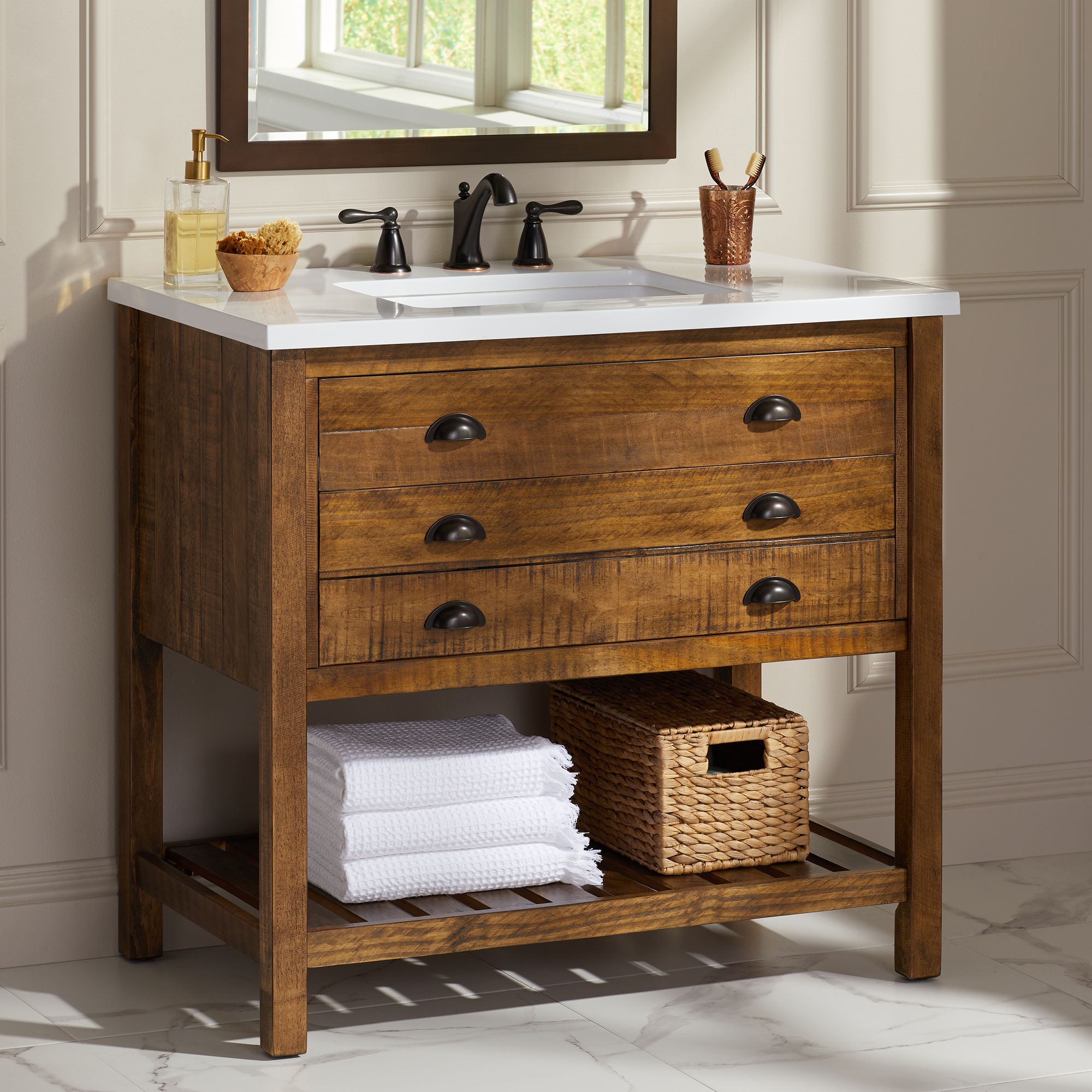 Monterrey 36 3/4"W Brown and White Marble 1-Drawer Single Sink Vanity ...