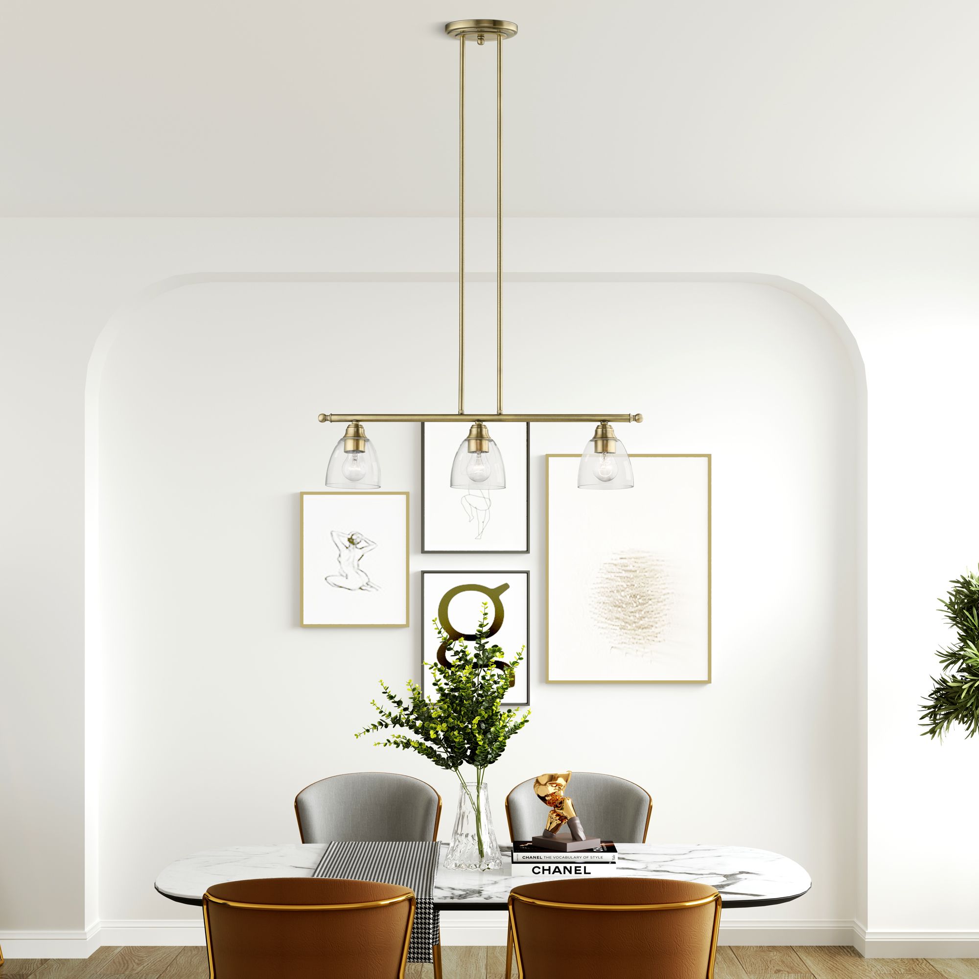 Montgomery 3 Light Antique Brass Linear Chandelier