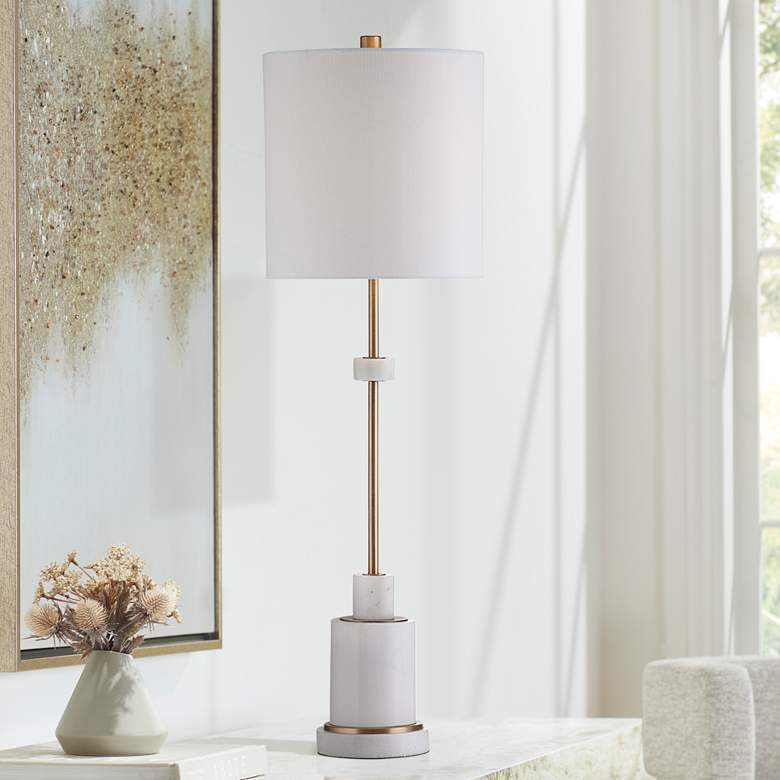 Image 1 Mooi Antique Brass and White Marble Table Lamp