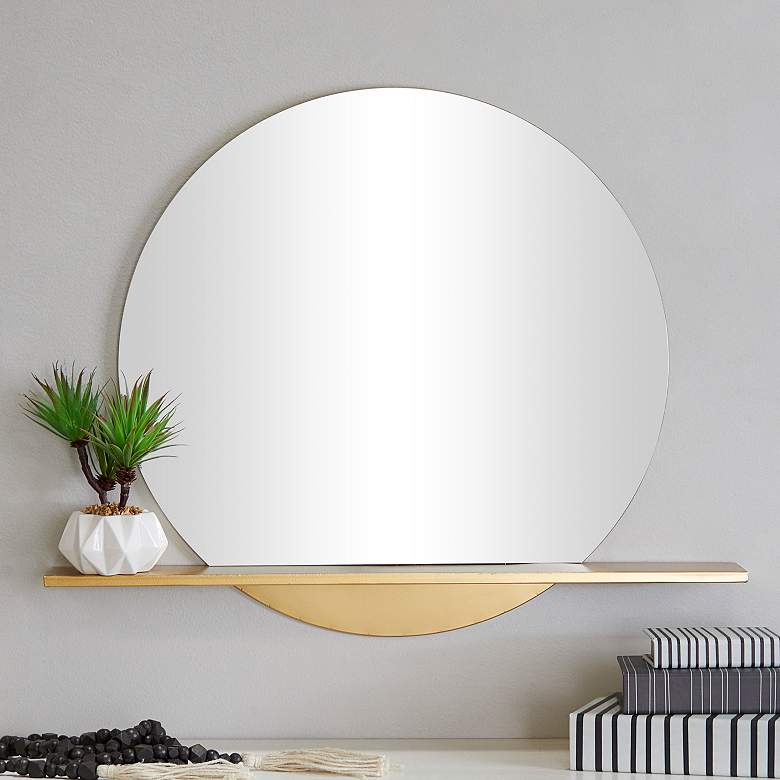 Image 1 Moonrise Polished Gold Metal 28 inch Round Shelf Wall Mirror