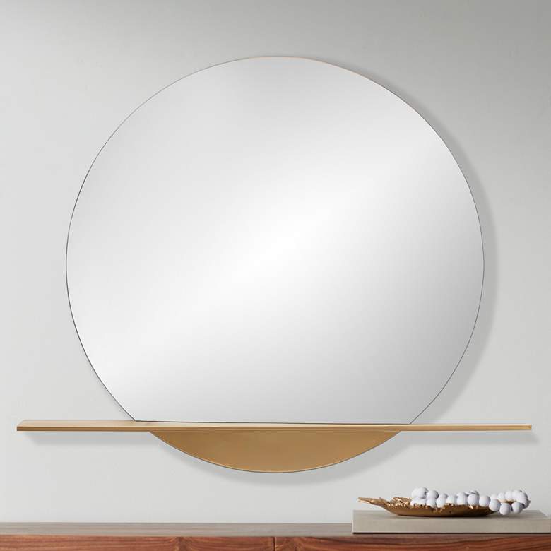 Image 1 Moonrise Polished Gold Metal 36 inch Round Shelf Wall Mirror