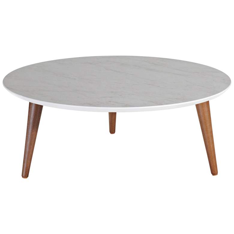 Image 1 Moore 31 1/2 inchW Gray Marble Gloss and Wood Round Coffee Table