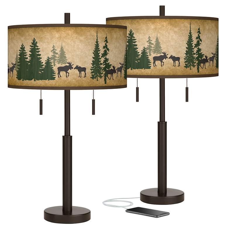 Image 1 Moose Lodge Robbie Bronze USB Table Lamps Set of 2