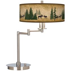 Moose Lodge Rustic Giclee Shade Adjustable Swing Arm LED Desk Lamp