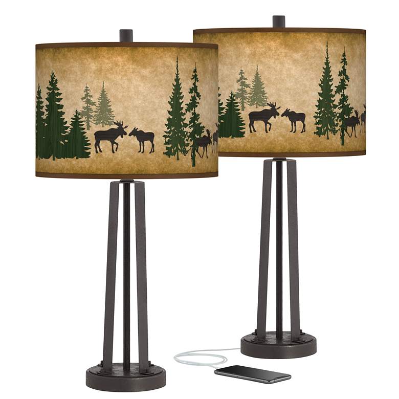 Image 1 Moose Lodge Susan Dark Bronze USB Table Lamps Set of 2