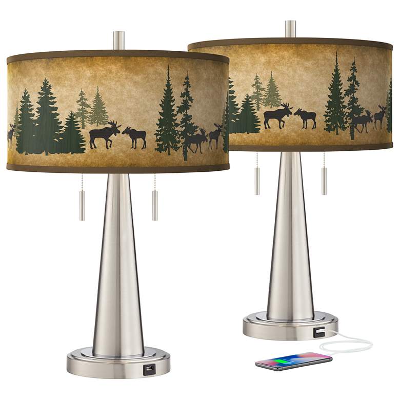 Image 2 Moose Lodge Vicki Brushed Nickel USB Table Lamps Set of 2