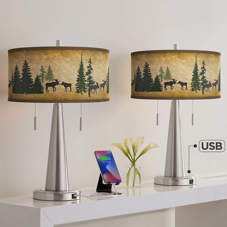 Image 1 Moose Lodge Vicki Brushed Nickel USB Table Lamps Set of 2